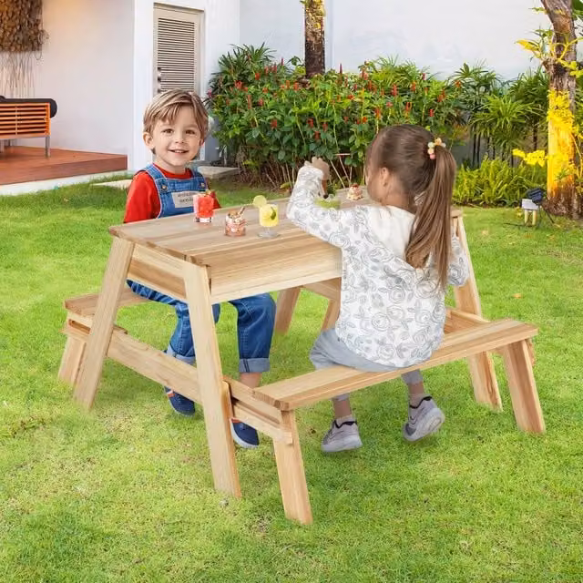 Costway 4 in 1 Wooden Kids Outdoor Sand Play Center with Table and Bench Set in Natural Brown