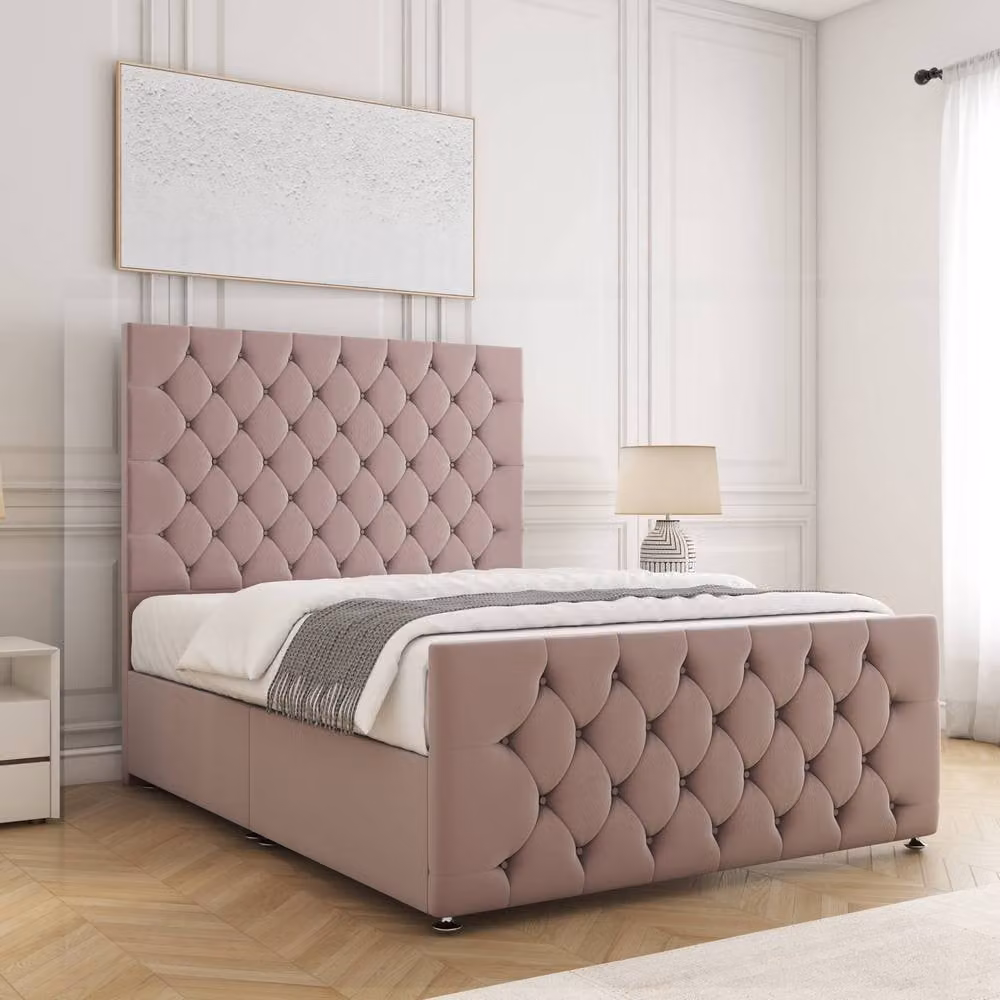 BSSPOKE Maya Plush Small Double Divan Bed with Headboard, Footboard and Mattress in Pink, W/D/H: 120 x 200 cm