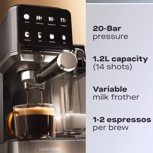 Daewoo One Touch Coffee Machine in Silver with Automatic Milk Frother, Integrated Milk Tank and Iced Coffee Function – 2