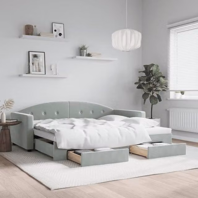 Berkfield Home Velvet Daybed with Trundle and Drawers in Light Grey, W/D/H: 90 x 190 cm – 1