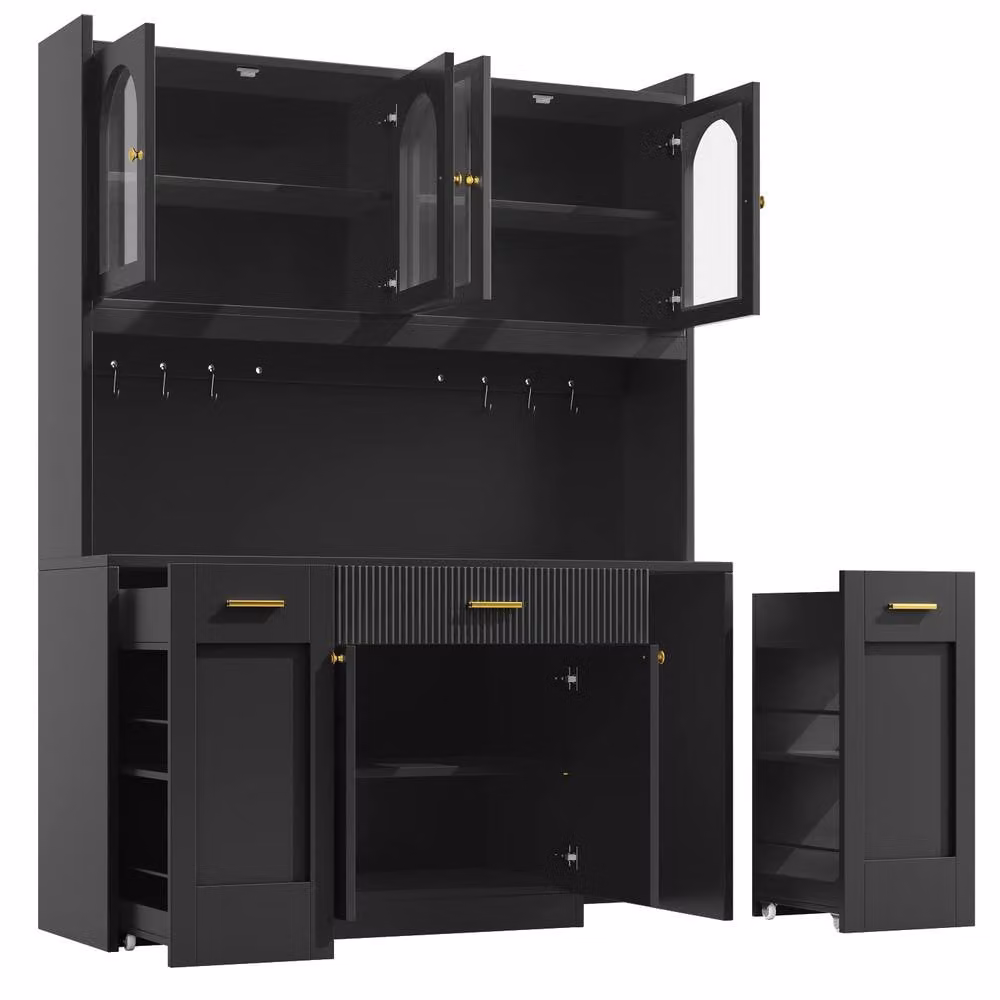 Merax Modern Black Arched Kitchen Dresser with Integrated Lighting and Glass Doors, W/D/H: 120 x 40 x 187 cm – 4
