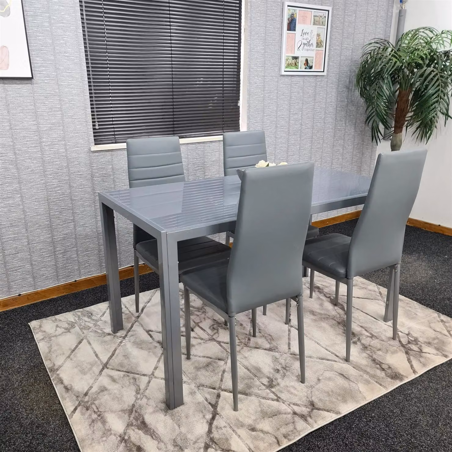 KOSY KOALA Modern Rectangular Grey Glass Dining Table and 4 Grey Metal Chairs Set in Brown – 2