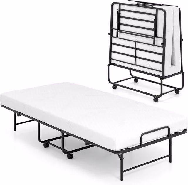 COSTWAY Grey Metal Folding Rollaway Bed with Foam Mattress