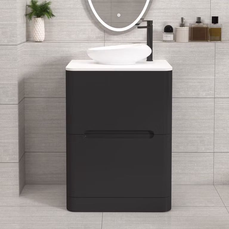 Royal Bathrooms Venice 600mm Matt Nocturne Black Floor Standing 2 Drawer Vanity Unit with Plain White Worktop and Nova Basin