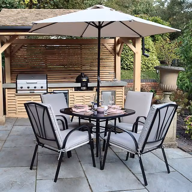 Royalcraft Amalfi Padded Dining Set with Black Glass Round Table and 4 Ivory Armchairs
