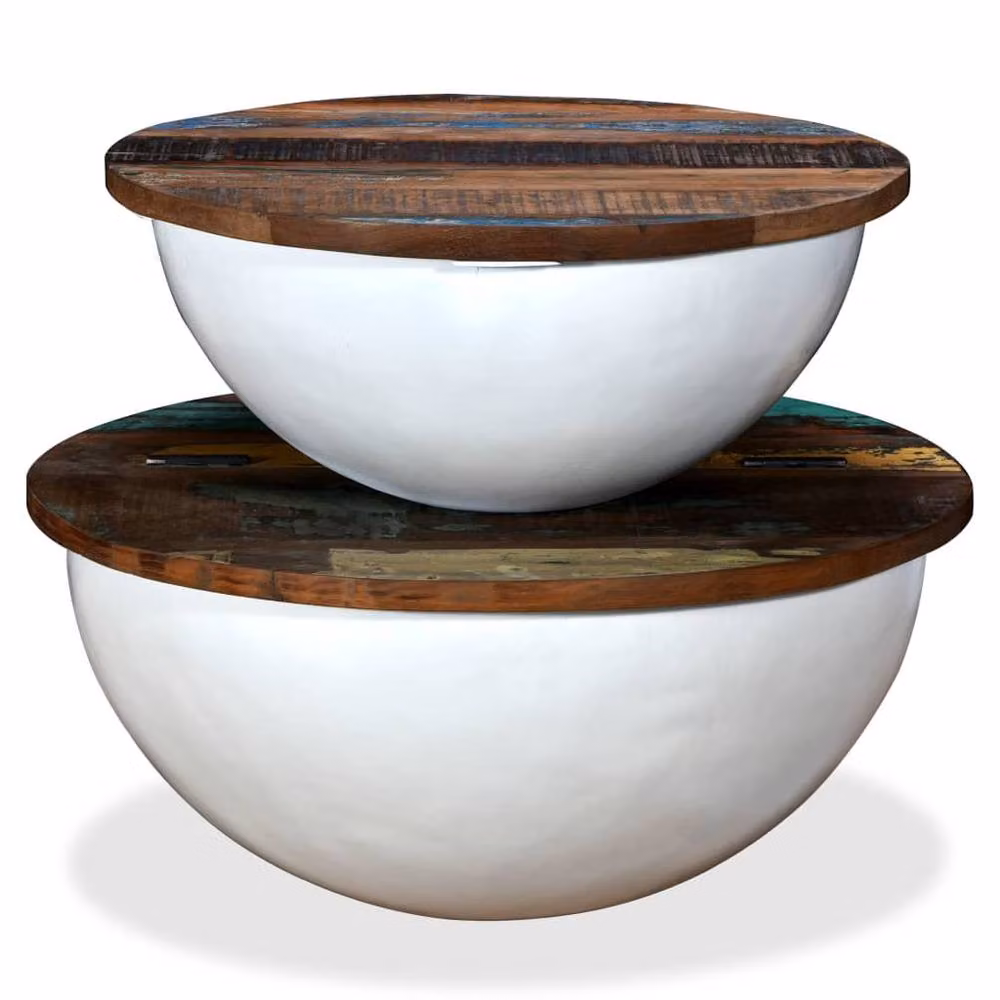 Berkfield Home Beautiful 2 Piece Round White Lacquered Solid Reclaimed Wood Coffee Table Set – 3