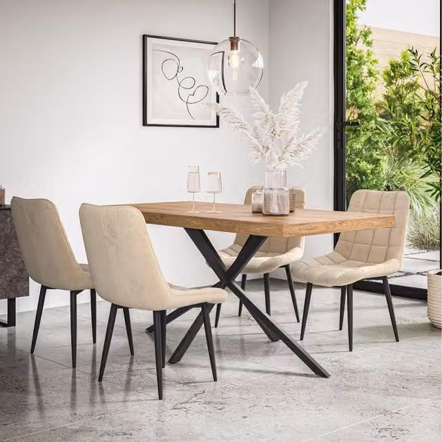 More4Homes Donni Dining Set with Oak Effect Rectangular Table and 4 Beige Nova Velvet Chairs