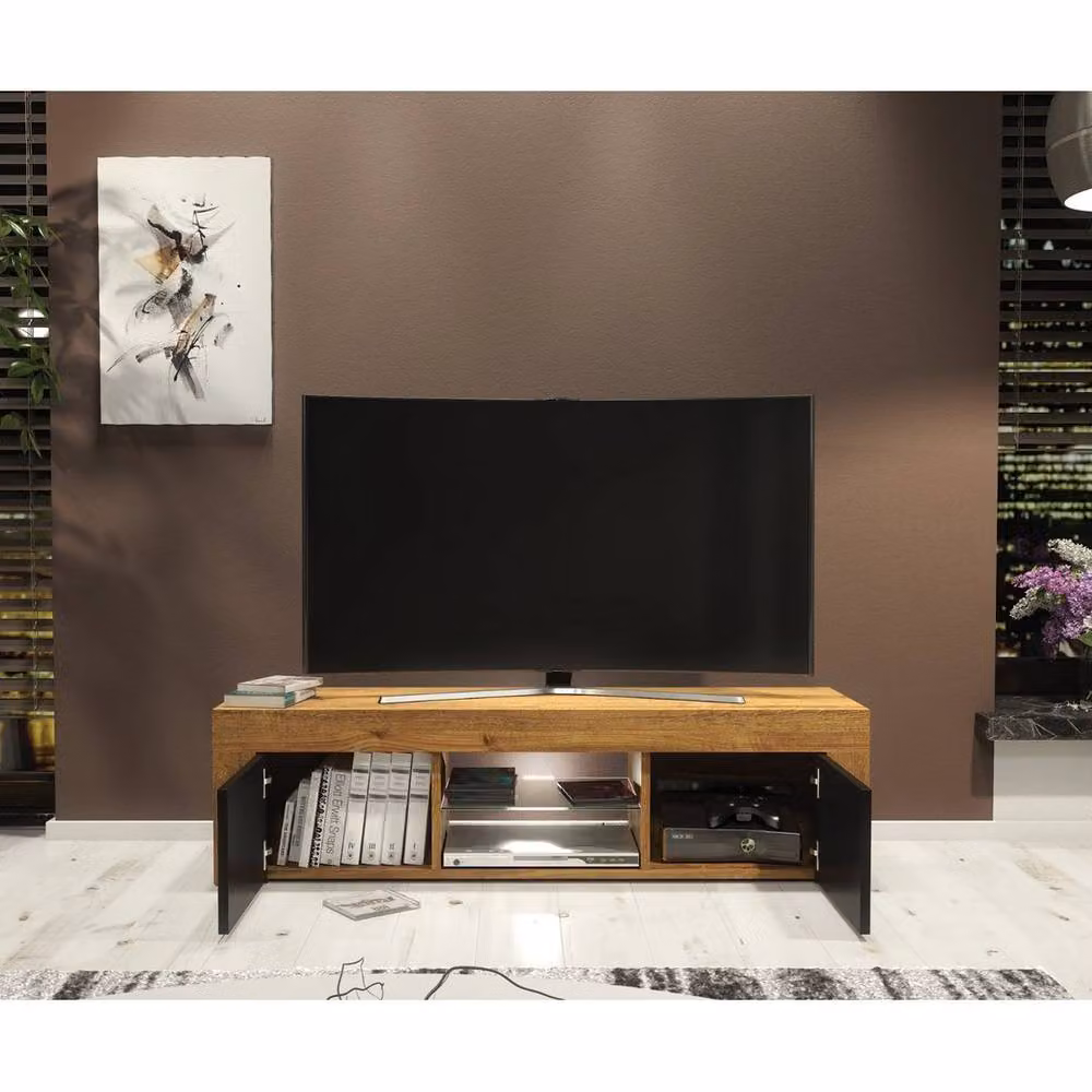 FORGEVIO Modern Wood and Glass TV Unit Cabinet Sideboard Stand with Integrated Lighting in Brown, Black or White – 4