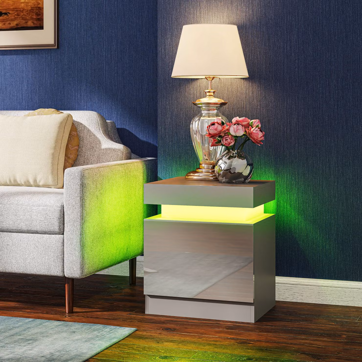 HOMCOM Grey High Gloss Bedside Table with Integrated LED Light and 2 Drawers – 5