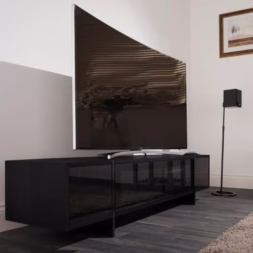AVF Edge Modern Rectangular TV Stand Unit in Black with Wood Effect Top and Glass Doors, W/D/H: 160.0 x 39.6 x 38.0 cm – 3