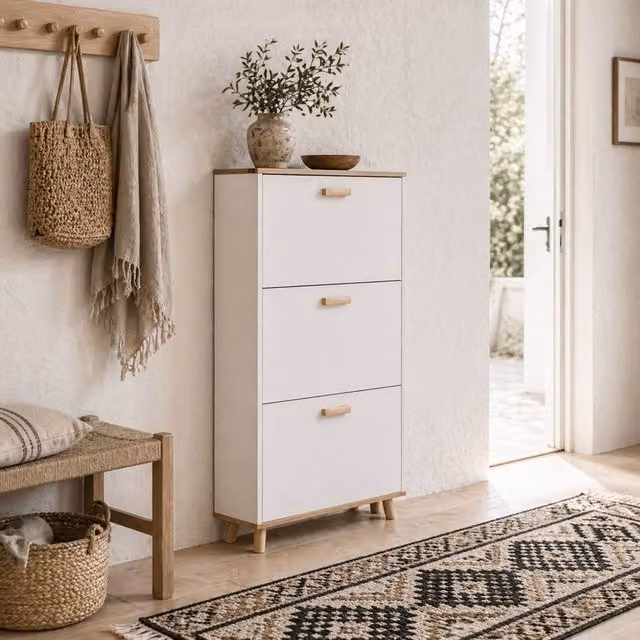 Wyld Haus Ellora Lera Slim White Natural Shoe Cabinet with 3 Tilting Compartments for 12 Pairs, H 122 x W 70 x D 23.5 cm
