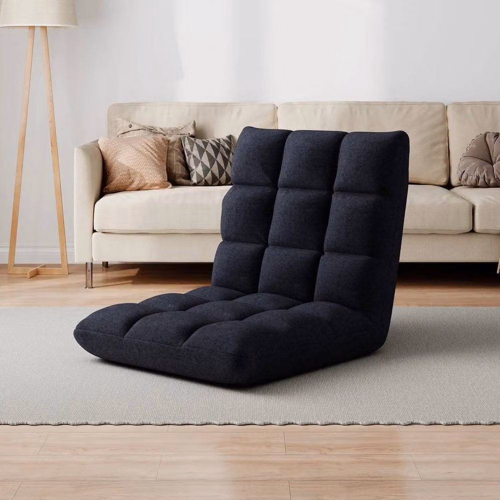 KORVIXA Black Fabric Floor Lazy Sofa Chair with Adjustable Headrest and Back Support – 3