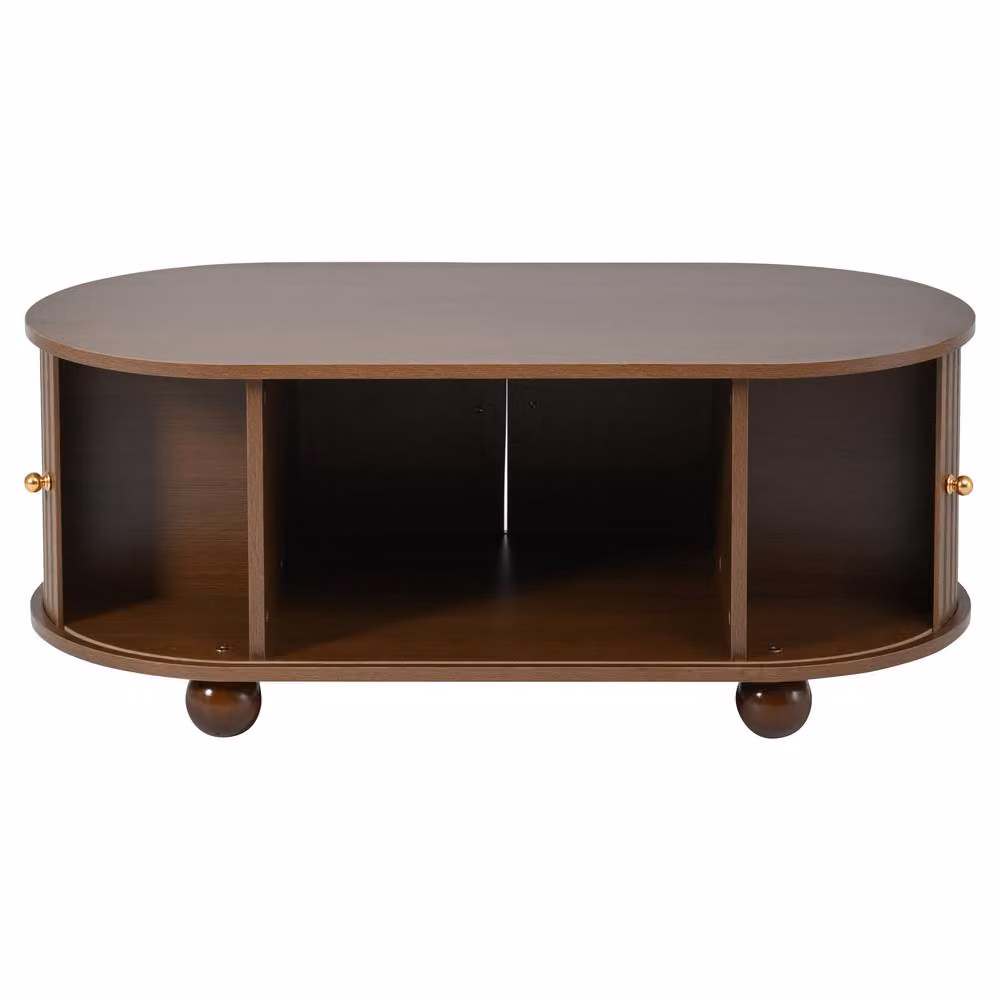 STILVORA Oval Coffee Table with 2 Sliding Doors, Brown Oak – 8