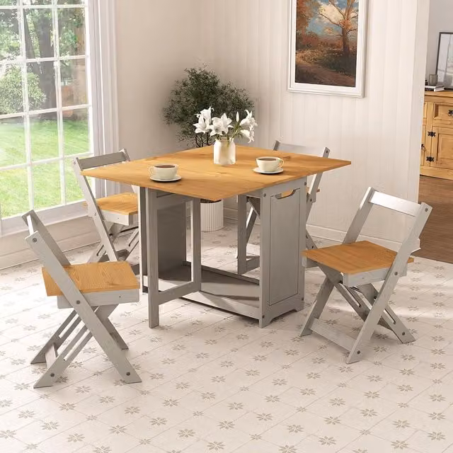 Mews Grey Modern Extendable Pine Wood Dining Set with Butterfly Leaf and Chairs