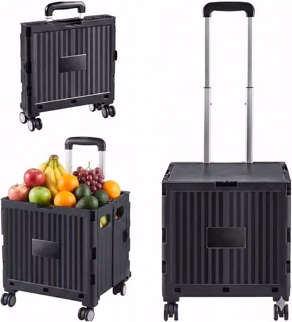 NESTLUNE Foldable Wheeled Shopping Trolley Box with Lid, Black