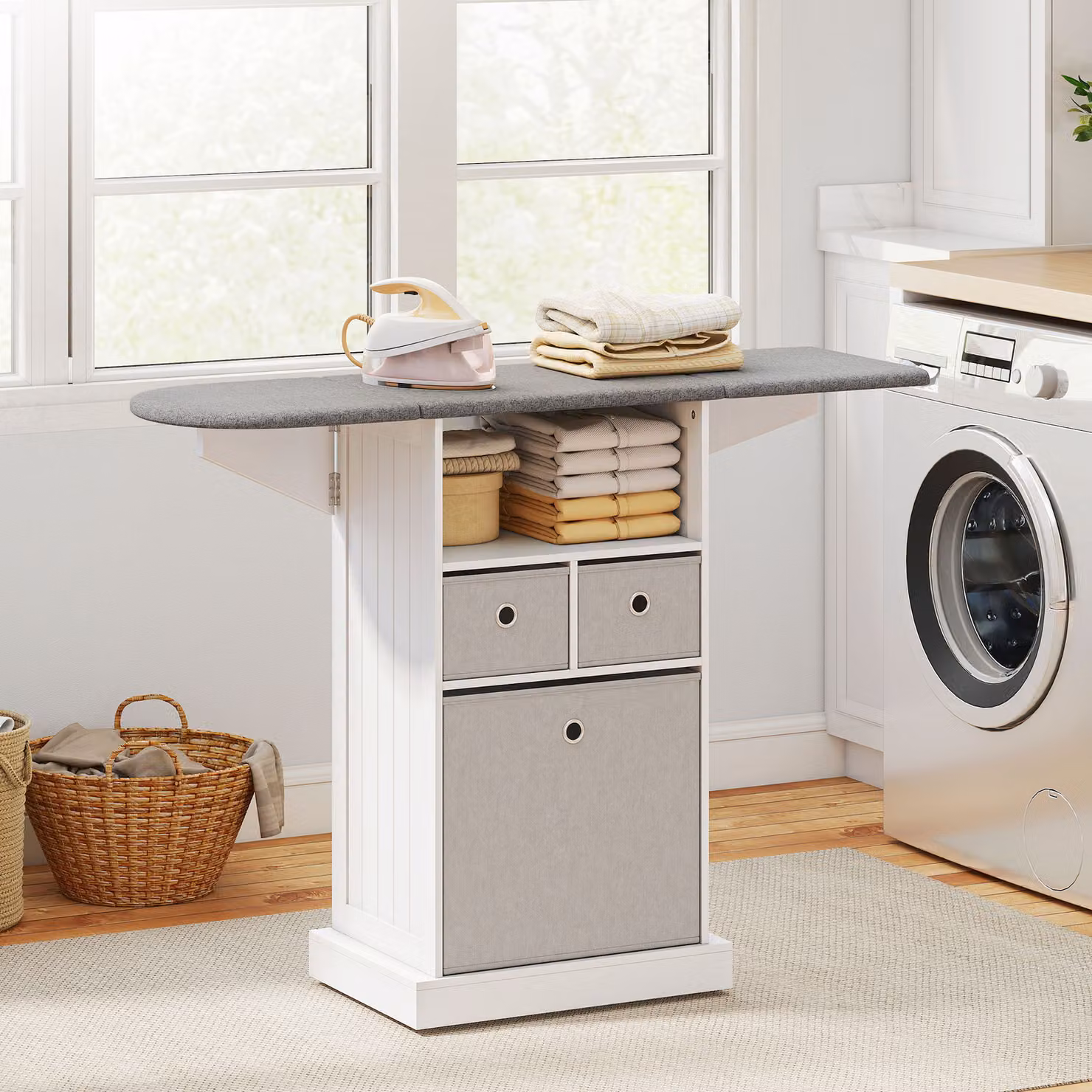 HOMCOM Mobile Ironing Board Cabinet on Wheels with Foldable Top, White – 2