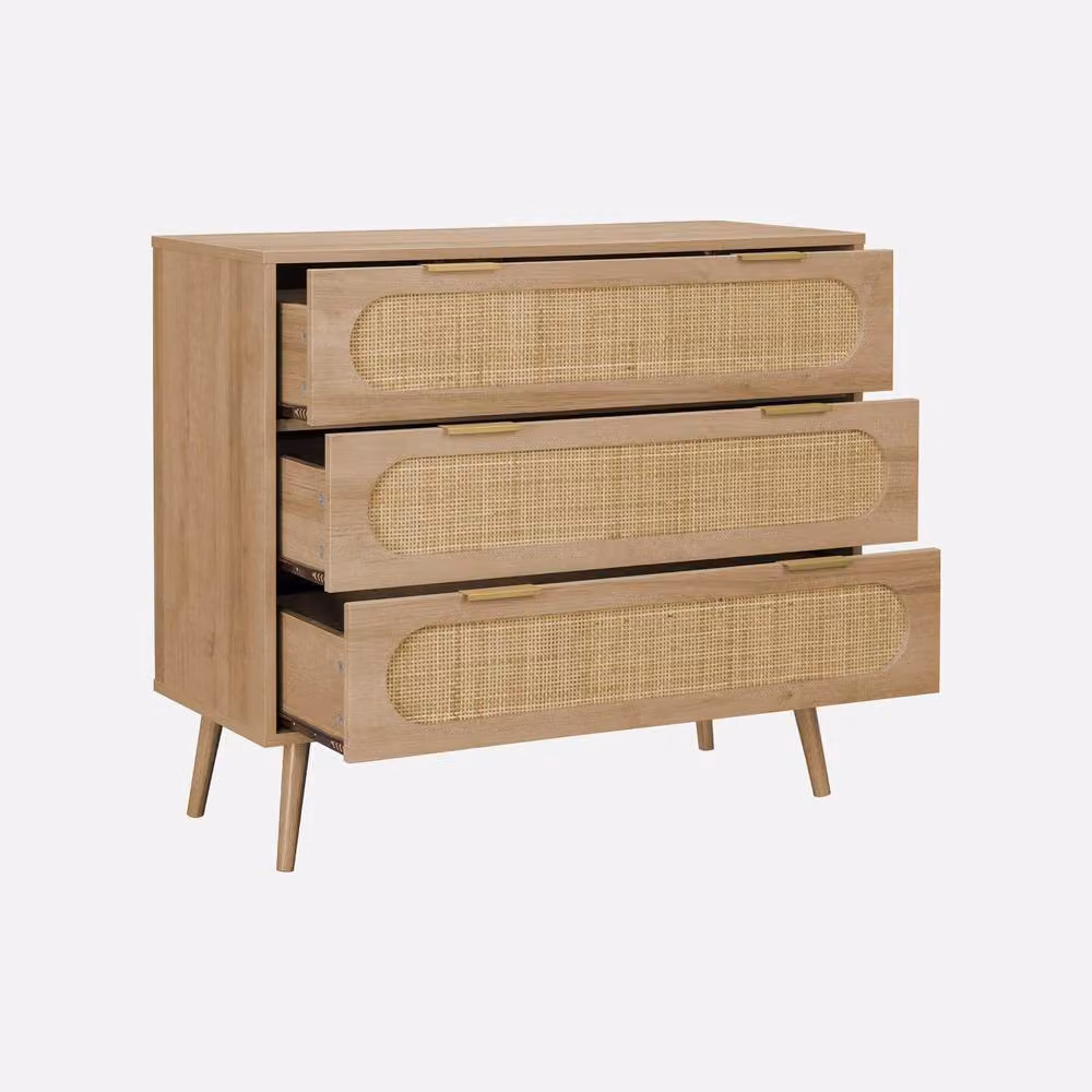 Sweekeek Modern 3-Drawer Chest with Wood and Rounded Cane Rattan in Light Brown – 2
