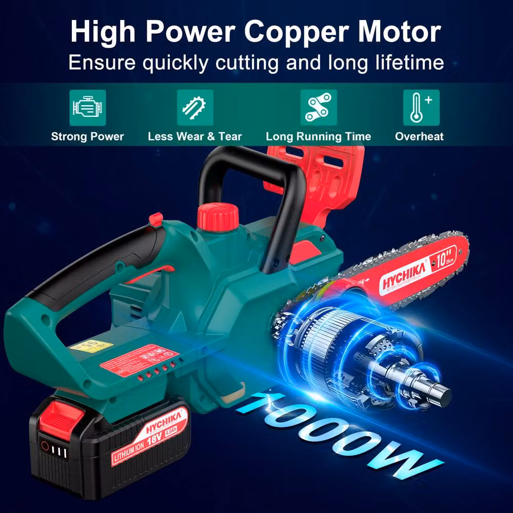 HYCHIKA 18V Cordless Electric Chainsaw with 10 Inch Bar and 4000mAh Rechargeable Battery, Green – 7