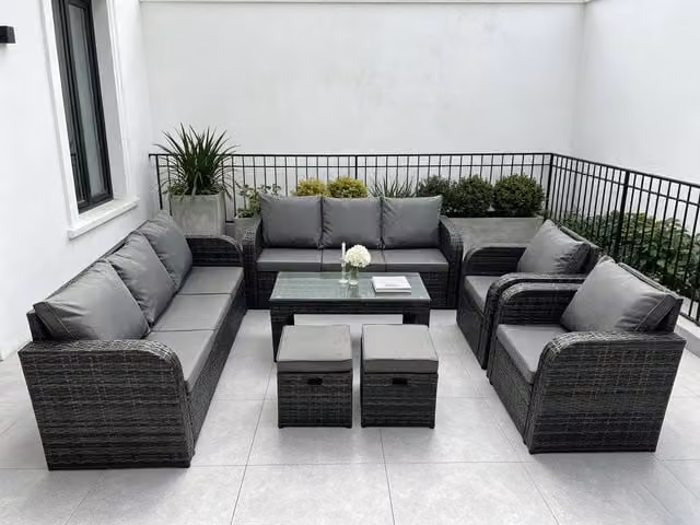 Fimous 10 Seater Grey L-Shape Rattan Garden Furniture Set with Reclining Sofa, Armchairs, Ottoman, Coffee Table and Cushions