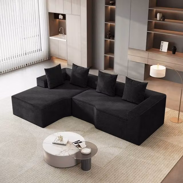 Dprodo Black Corduroy Left-Facing L-Shaped Modular Sofa with Scatter Cushions, Width: 320 cm
