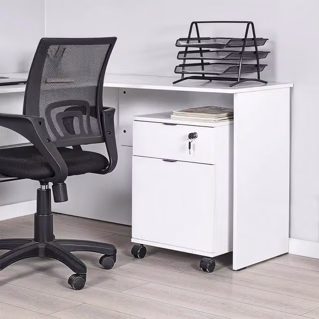 FWStyle Matt White Lockable Mobile Office Cabinet with 1 Drawer and 1 Door on Castors – 1