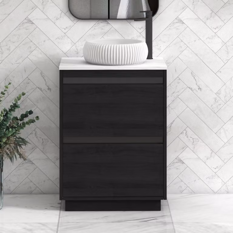 Royal Bathrooms Orion 600mm Hale Black Floor Standing Vanity Unit with Milan Basin and Carrara White Countertop, 2 Drawers, Width: 60 cm