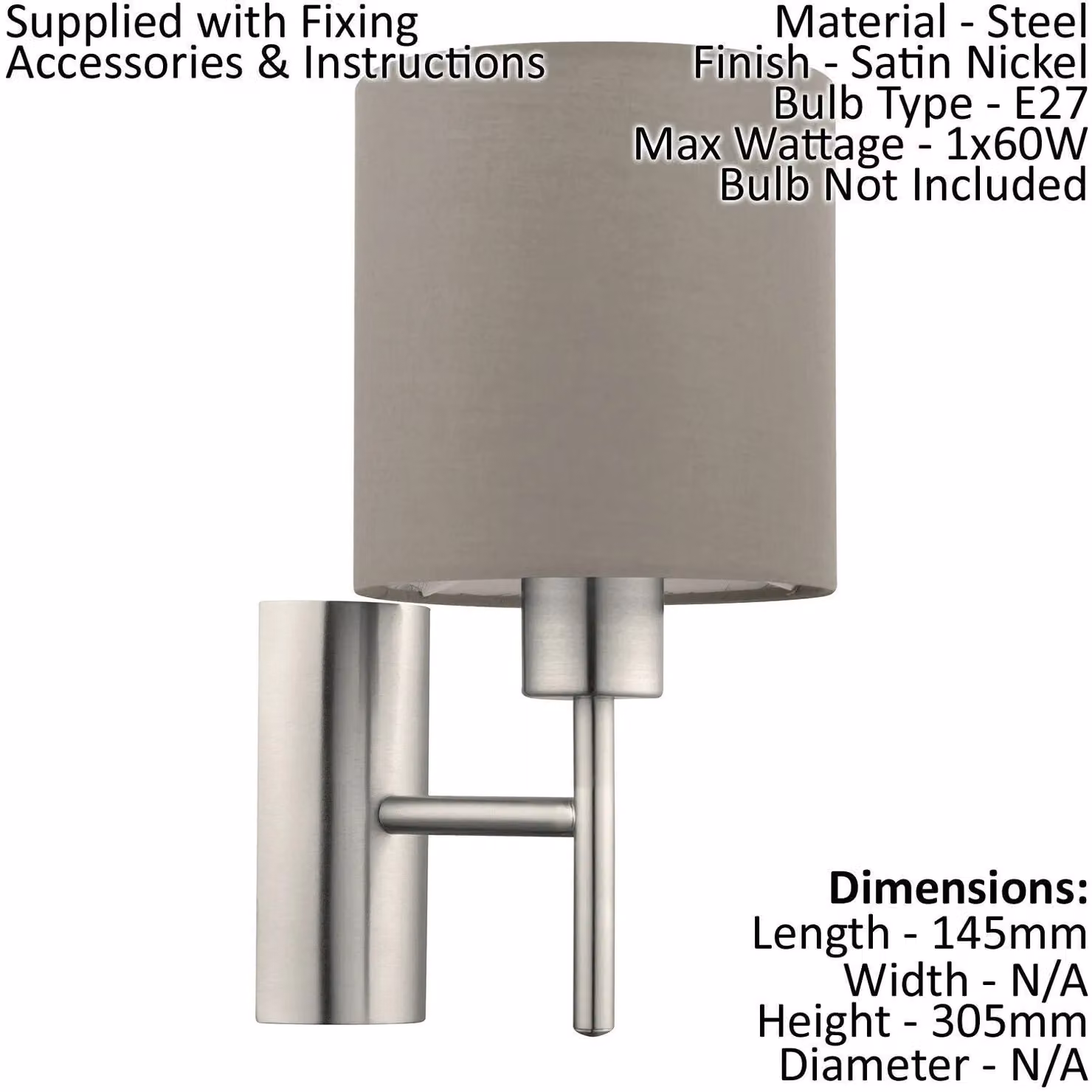 Loops 2 Pack Wall Lights with Taupe Fabric Shades and Satin Nickel Metal Finish, E27 60W with Rocker Switch – 2