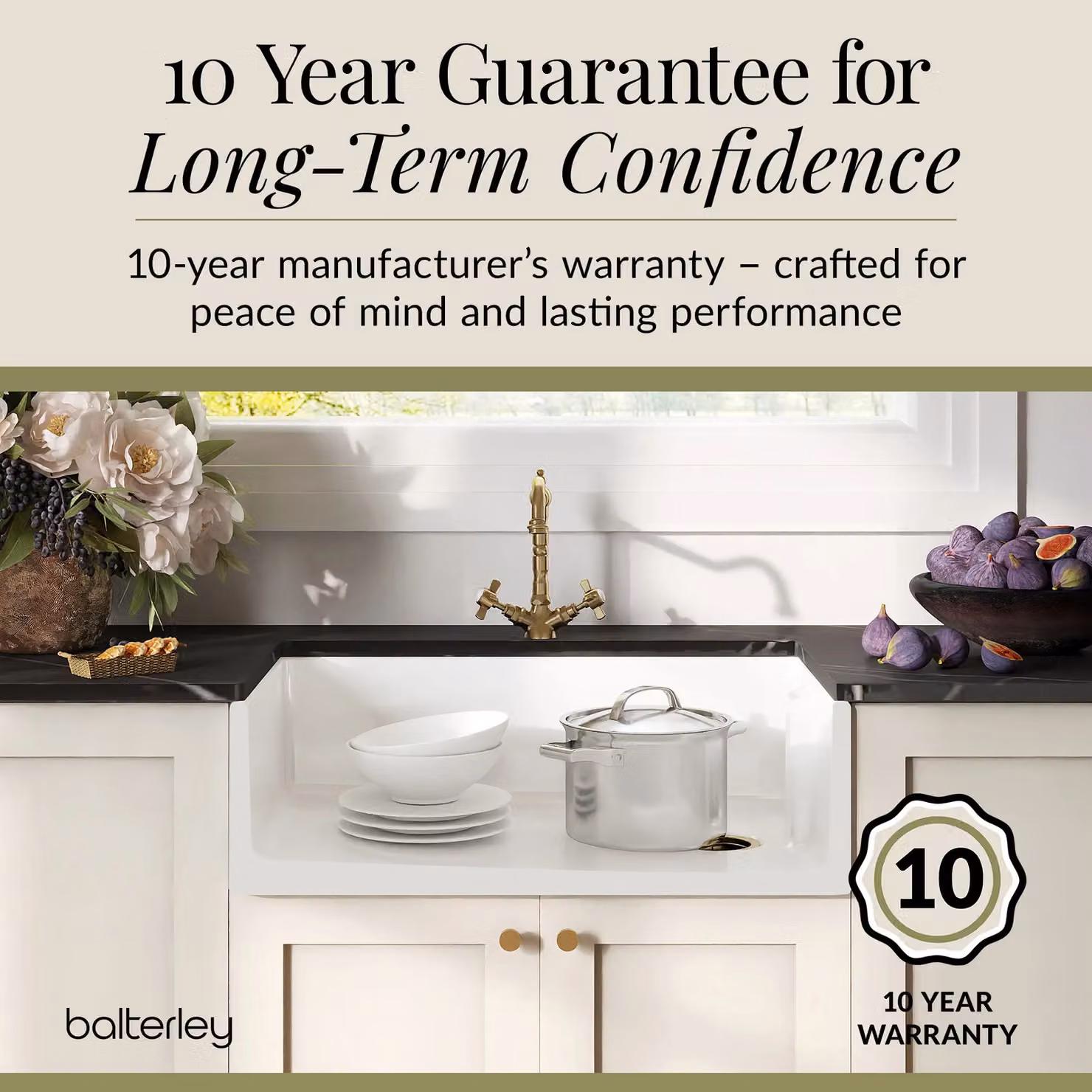 Balterley White Ceramic 1 Bowl Belfast Sink with Brushed Brass Strainer Waste and Tap, W: 795 mm – 3