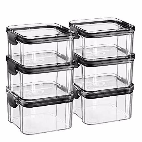 Argon Tableware Pack of 6 Airtight Food Storage Containers, 460ml, Black and Transparent, Leakproof and Stackable Plastic Meal Prep Containers with Clip Lids – 1
