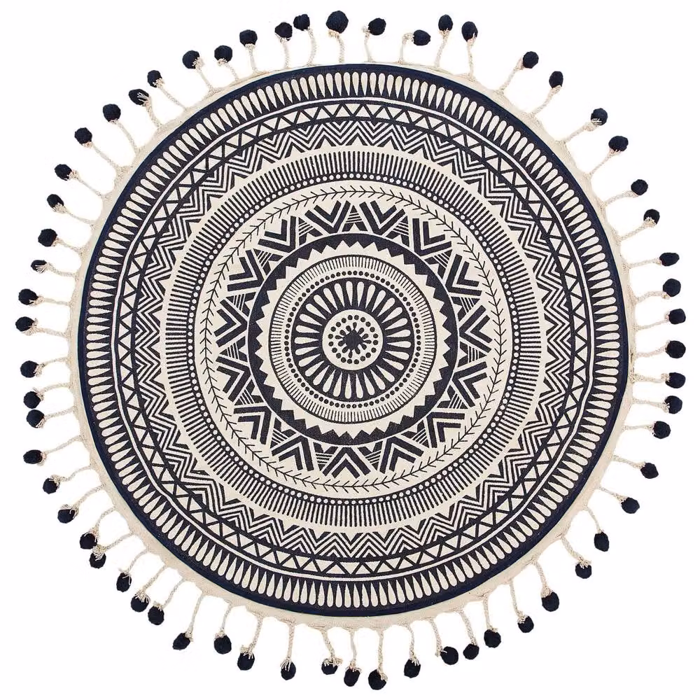 Wyld and Coco Round Woven Cotton Boho Rug in Beige and Blue with Fringes, Diameter: 120 cm – 2