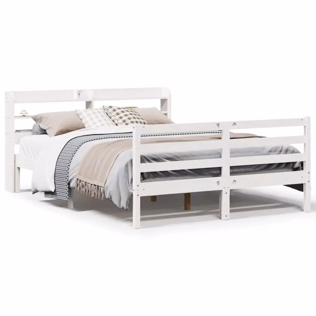 Berkfield Home White Solid Pine Bed Frame with Headboard and Side Compartments, W/D/H: 150 x 200 cm – 2