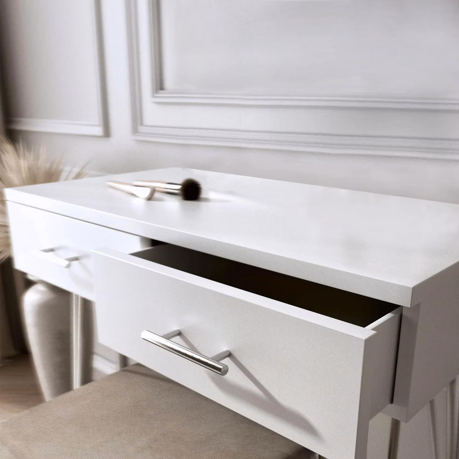 CARME HOME Olivia White Dressing Table and Padded Stool Set with 2 Drawers and Metal Legs – 2