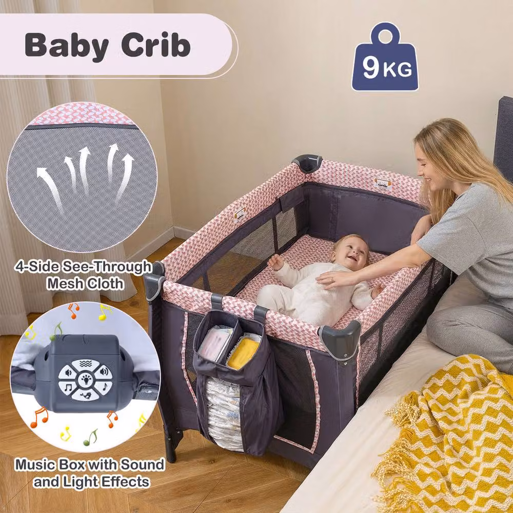 Costway Foldable Pack and Play Portable Baby Playard with Rocking Bassinet and Music Box in Pink – 6