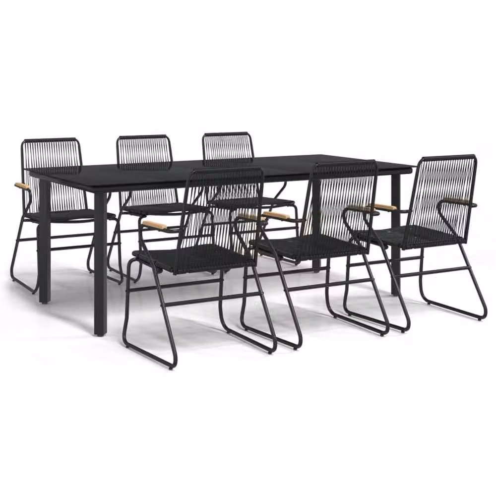 Berkfield Home Beautiful 7 Piece Black PVC Rattan Garden Dining Set with Teak Wood and Glass – 3