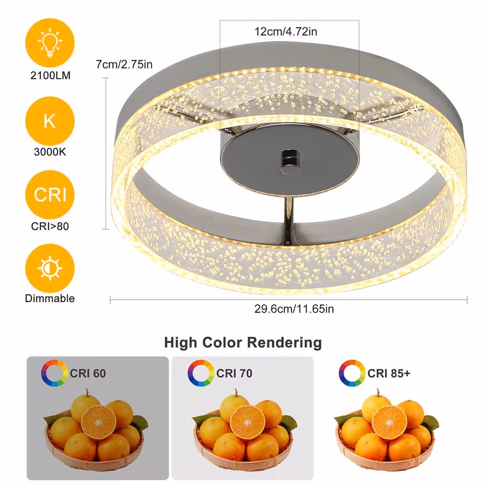 NIVOR 20W LED Round Flush Mount Ceiling Light in Chrome and Transparent Acrylic with Warm White 3000K – 2
