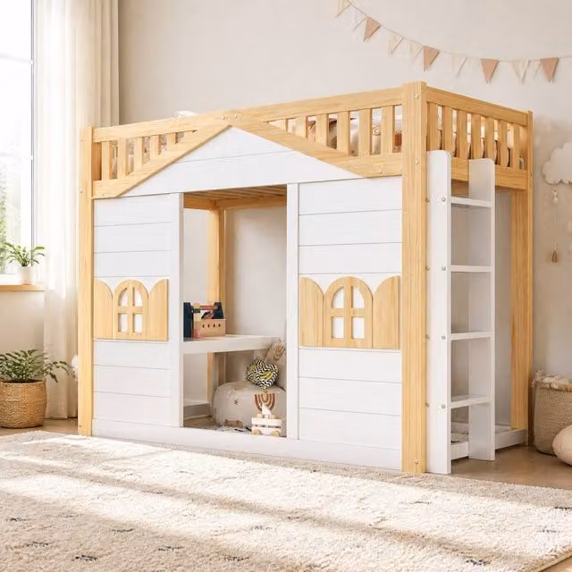 STILVORA Childrens Elevated Single Bed with House Frame and Side Compartments in White