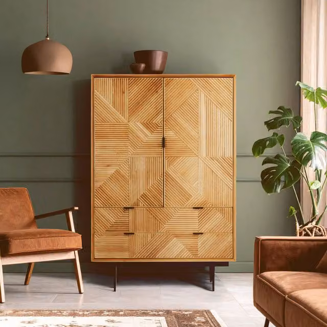 Fifty Five South Orsina Rustic Wooden Cabinet with Geometric Carved Front and Black Metal Legs in Brown and Black, W/D/H: 150 x 40 x 67 cm
