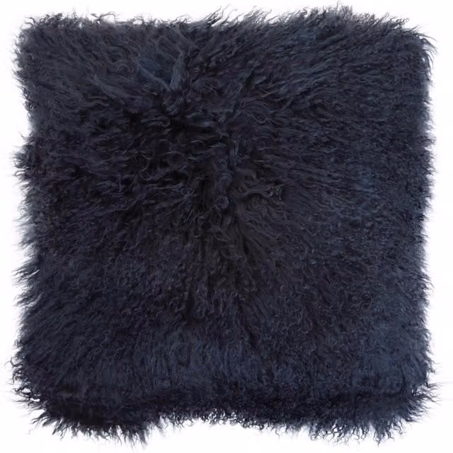 Orsina Black Mongolian Lamb Fur Square Cushion with Navy Polyester Reverse – 1