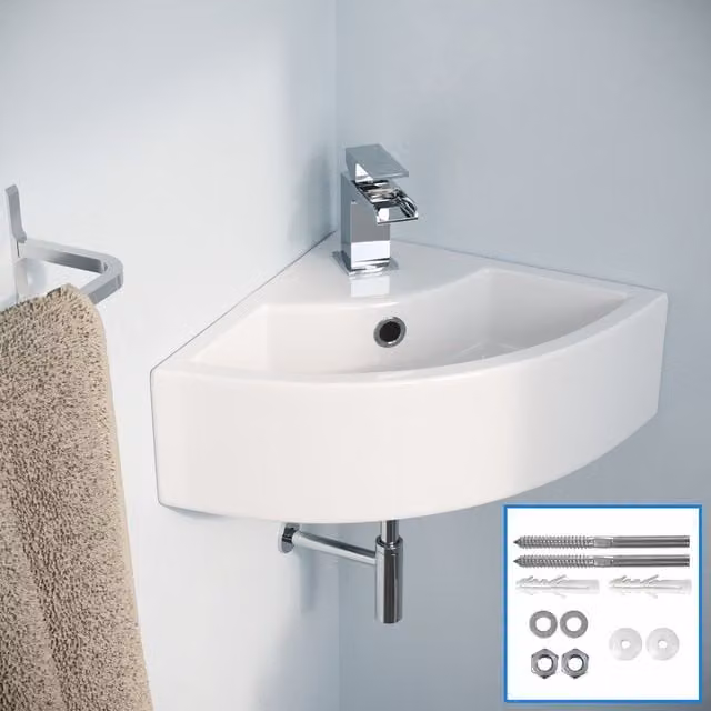 Nes Home White Ceramic Quarter Circle Corner Wall Hung Cloakroom Basin with Wall Fixings, W: 46.5 cm, D: 32.5 cm
