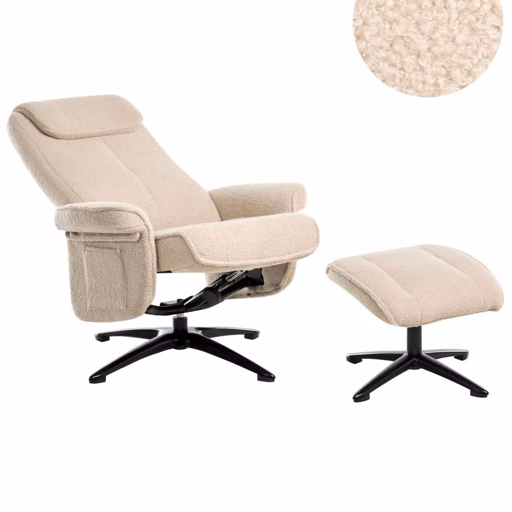 Wyld and Coco Beige Bouclé Recliner Armchair with 360 Degree Swivel Base and Ottoman – 2
