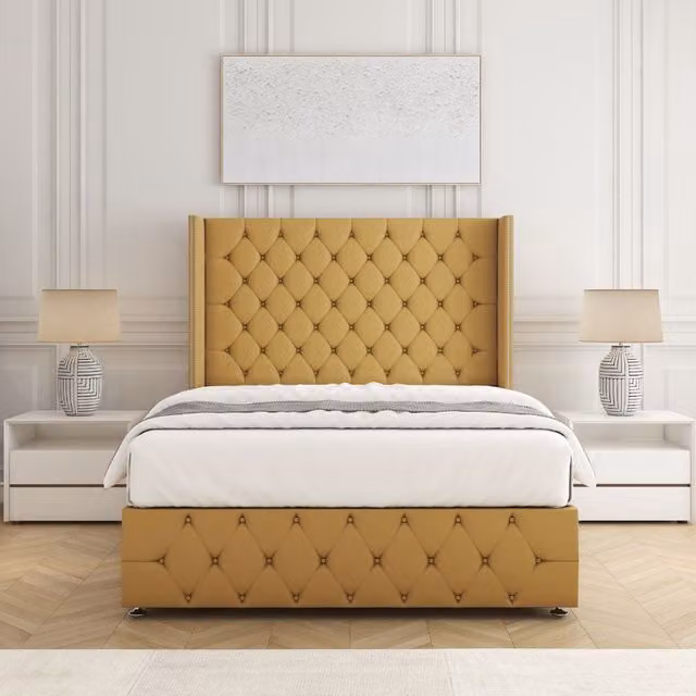 BSSPOKE Mayfair King Size Plush Velvet Divan Bed with 54 inch Headboard and Mattress in Mustard Yellow, W/D/H: 180 x 200 cm