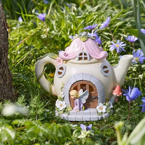 mysmartbuy Solar Powered Teapot Shaped Fairy House LED Light Up Garden Ornament, Multicolour and White, H19 x W24 x D15 cm – 2