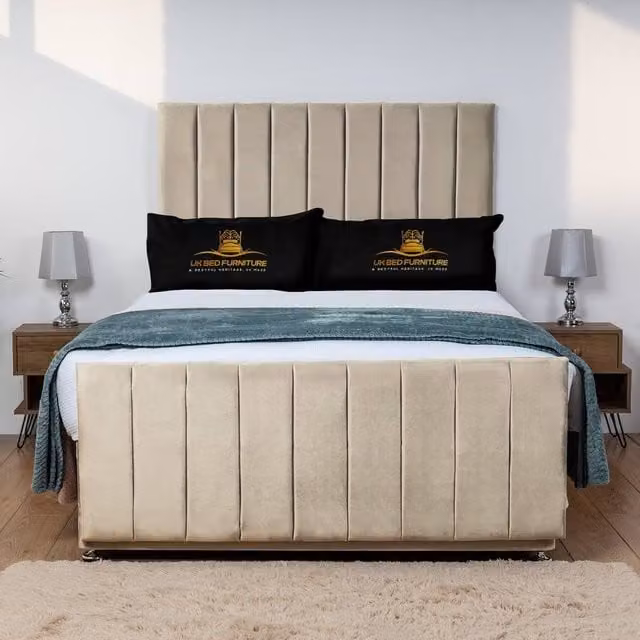 UK Bed Furniture Hampton Divan Bed Base with 26 Inch Headboard in Beige, W/D: 140 x 200 cm