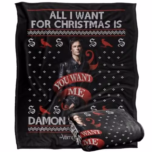 LOGOVISION The Vampire Diaries All I Want For Christmas Is Damon Salvatore Super Soft Silky Touch Fleece Throw Blanket, Multicolour, W: 152 cm, D: 127 cm – 1
