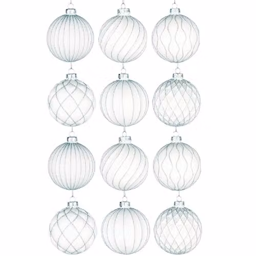 Shatchi 12-Piece Set of White and Silver Glass Christmas Baubles with Abstract and Geometric Designs, Diameter: 8 cm – 1