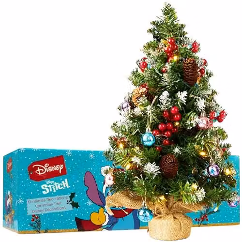 Disney Stitch Tabletop Christmas Tree with 12 Baubles and Pre-lit LED White String Lights in Multi Colour – 1