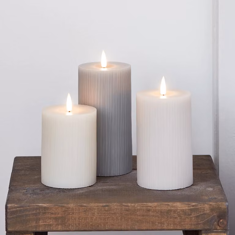 TruGlow Grey Ribbed LED Pillar Candle Trio with Flicker Effect and Timer