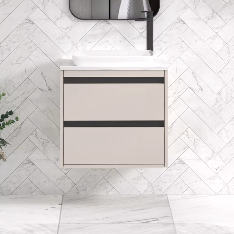 Royal Bathrooms Orion 600mm Warm Taupe Wall Hung Countertop Vanity Unit with 2 Drawers, Qubix Basin and Black Accent Trim