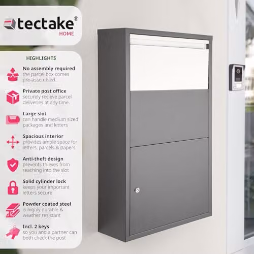 tectake Wall-Mounted Steel Parcel Box with Lockable Storage and Anti-Theft Deposit Slot, Grey, W/D/H: 44 x 22 x 82 cm – 2