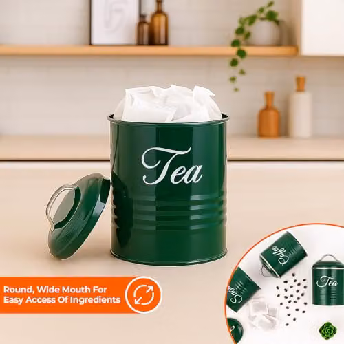 Innoteck Tea, Coffee and Sugar Canister Set of 3, Green Metal Food Storage Tins with Airtight Lids, 1.3 l Capacity – 4